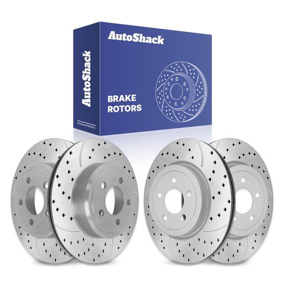 AutoShack Front & Rear Brake Rotors for Dodge & Chrysler, Charger 2006-2023 300 2005-2023, AWD RWD V6 3.5L 3.6L V8 5.7L - Coated Drilled & Slotted - Silver Matte Finish - TurboGuard