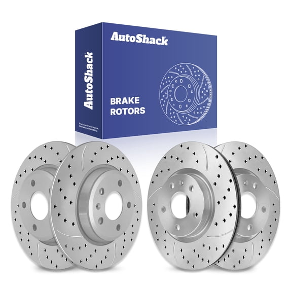 AutoShack Front & Rear Brake Rotors for Audi, Q5 2009-2017 A6 Quattro 2012-2016, 2018-2019 A4 Quattro 2011-2016, AWD L4 2.0L V6 3.0L 3.2L - Coated Drilled & Slotted - Silver Matte Finish - TurboGuard