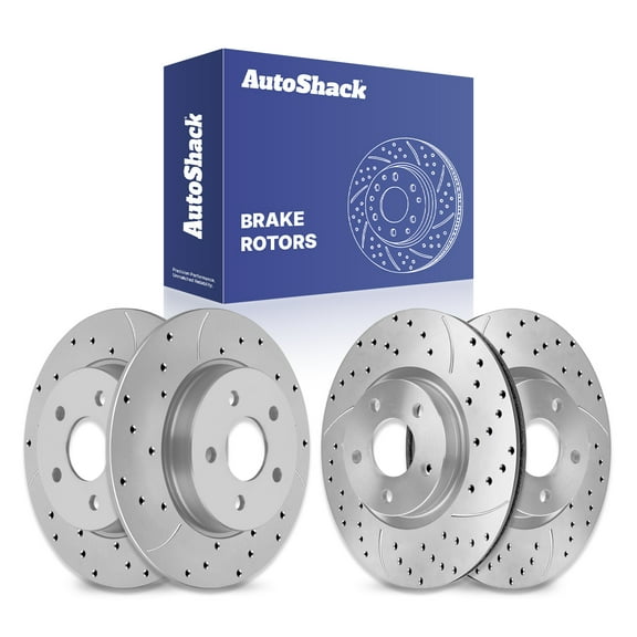 AutoShack Front & Rear Brake Rotors for Ford, Focus 2012-2018, FWD L3 1.0L L4 2.0L - Coated Drilled & Slotted - Silver Matte Finish - TurboGuard
