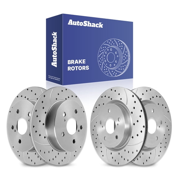 AutoShack Front & Rear Drilled & Slotted Brake Rotors | Replacement For Toyota Camry RAV4 Avalon C-HR Venza Lexus ES350 UX250h ES300h UX200 ES250 AWD FWD | Silver Matte Finish | 4-PC Set | TurboGuard