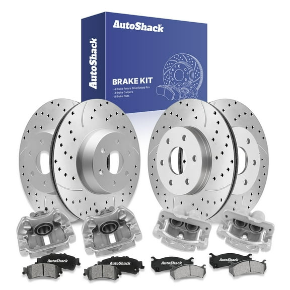 AutoShack Front & Rear Brake Rotors, Ceramic Pads & Calipers for Chevrolet, Silverado 1500 2003-2004, 4WD AWD RWD V6 4.3L V8 4.8L 5.3L 6.0L - Silver Zinc Coated Drilled & Slotted - SilverShield Pro