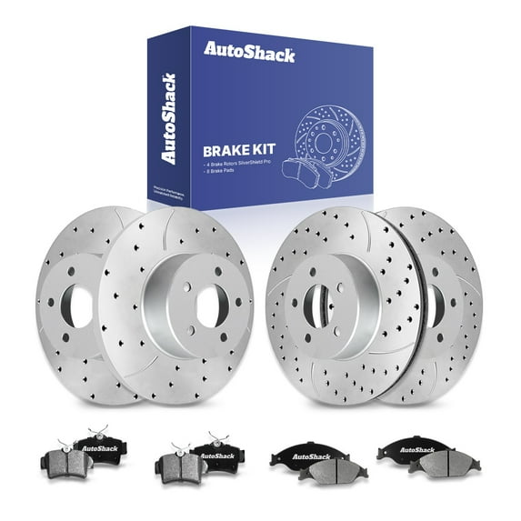 AutoShack Front & Rear Drilled & Slotted Brake Rotors Ceramic Brake Pads | Replacement for 1999-2004 Ford Mustang 3.8L 3.9L 4.6L V6 V8 RWD | Silver Zinc Coated | 12-PC Brake Kit | SilverShield Pro