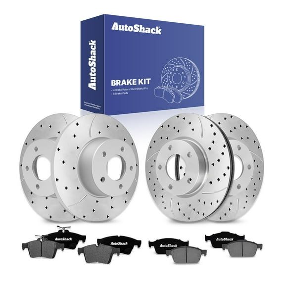 AutoShack Front Vented & Rear Solid Drilled & Slotted Silver Zinc Coated Brake Rotors + Ceramic Pads 12-PC Brake Kit Replacement for 2005-2012 Mazda 3 2009-2010 Mazda 3 Sport SilverShield Pro