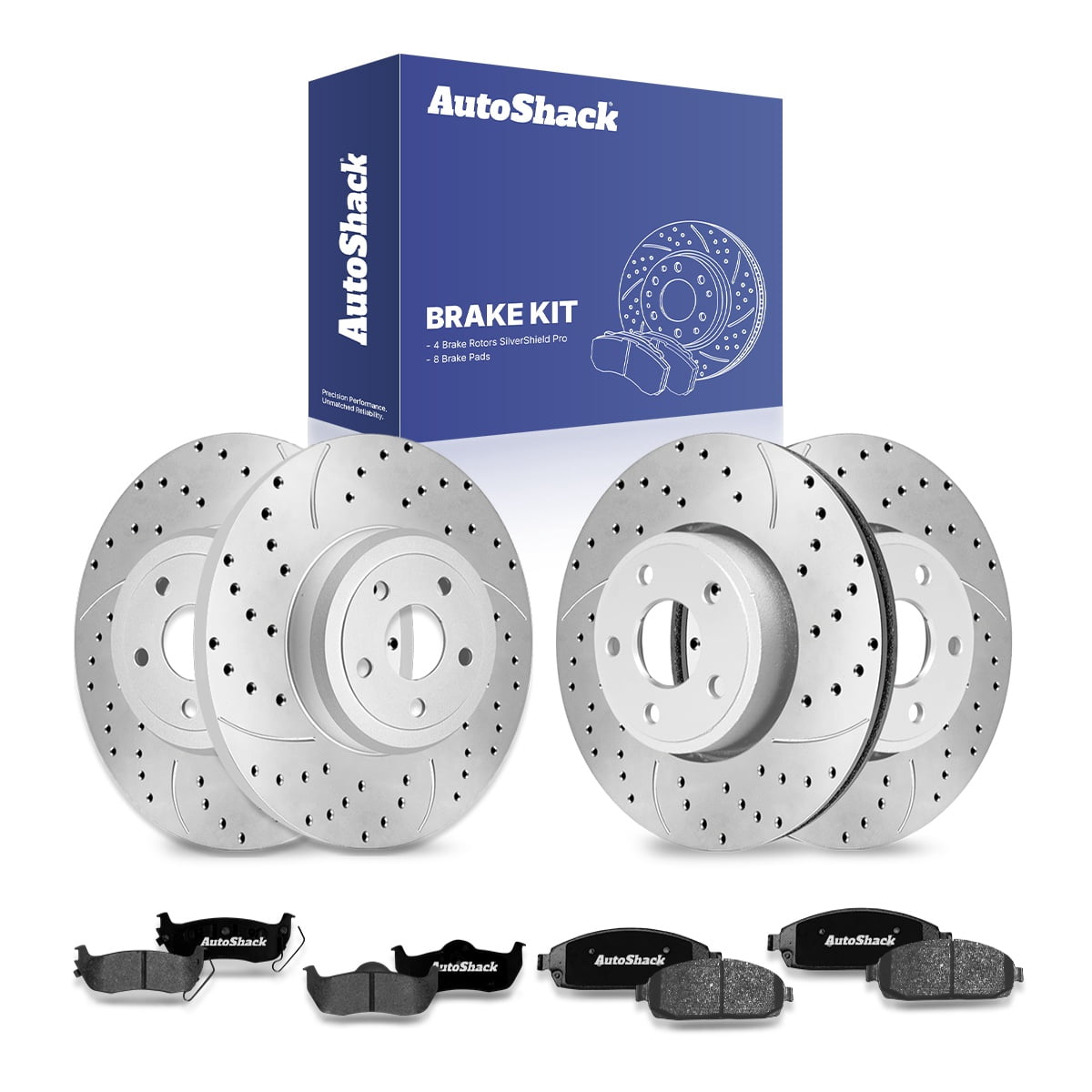 AutoShack Front & Rear Brake Rotors & Ceramic Pads for Jeep, Grand Cherokee 2005-2010, AWD RWD V6 3.0L 3.7L V8 4.7L 5.7L - Silver Zinc Coated Drilled & Slotted - SilverShield Pro
