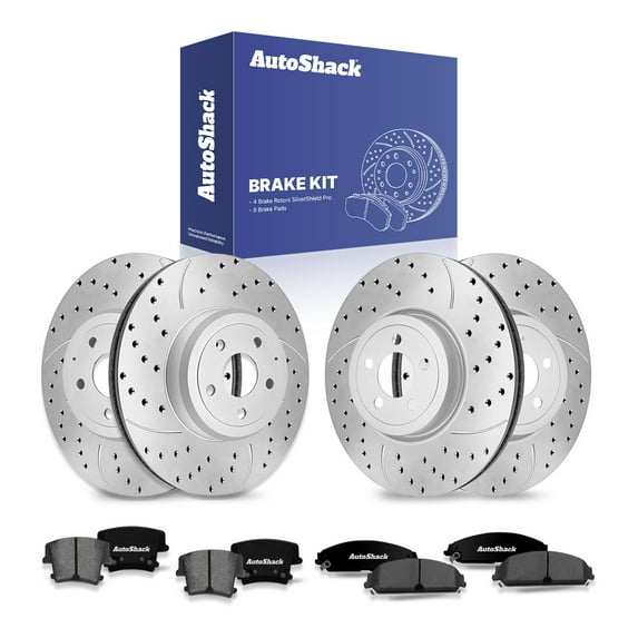 AutoShack SilverShield Pro Front and Rear Vented Drilled and Slotted Silver Zinc Coated Brake Rotors and Ceramic Pads 12-PC Brake Kit