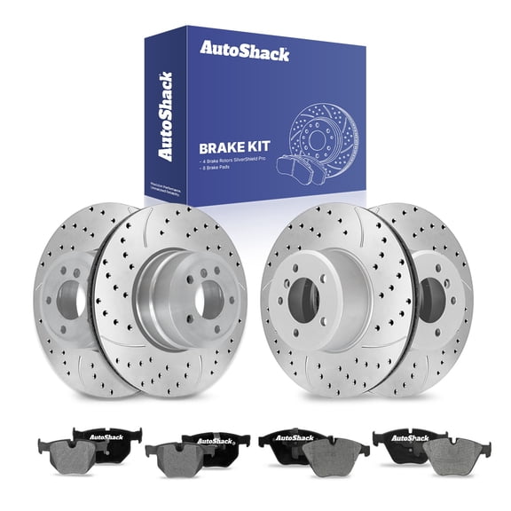 AutoShack Front Vented & Rear Vented Drilled & Slotted Silver Zinc Coated Brake Rotors + Ceramic Pads 12-PC Brake Kit Replacement for 2008 BMW 535xi 2010 BMW 528i SilverShield Pro