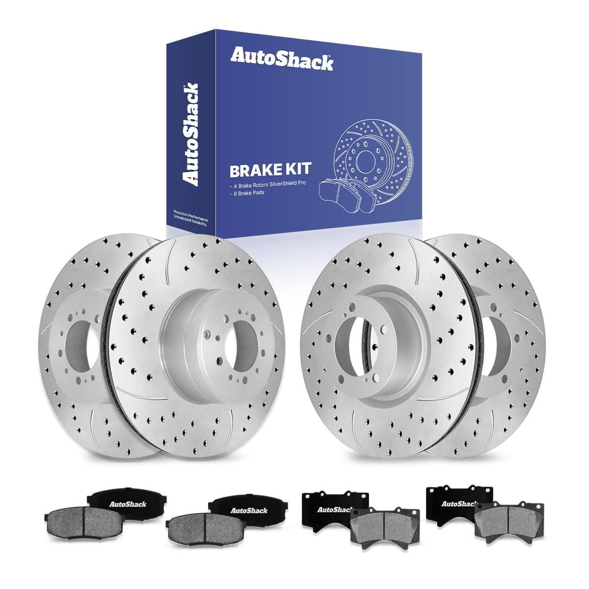 AutoShack Front & Rear Brake Rotors & Ceramic Pads for Toyota, Tundra 2007-2021 Sequoia 2008-2022, 4WD RWD V6 4.0L V8 4.6L 4.7L 5.7L - Silver Zinc Coated Drilled & Slotted - SilverShield Pro
