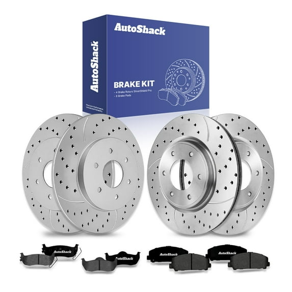 AutoShack Front Vented & Rear Solid Drilled & Slotted Silver Zinc Coated Brake Rotors + Ceramic Pads 12-PC Brake Kit Replacement for 2007-2010 Nissan TITAN 2007-2011 Nissan Armada SilverShield Pro