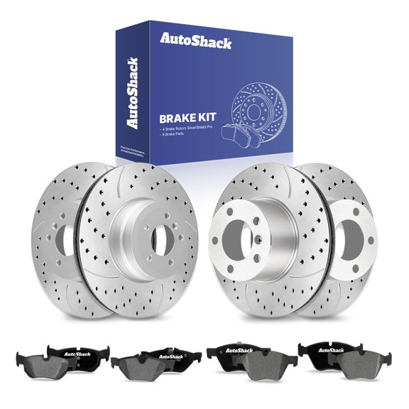 AutoShack Front & Rear Drilled & Slotted Brake Rotors Ceramic Brake Pads | Replacement for 2008-2009 BMW 323i 2008-2010 328i 2.5L 3.0L RWD | Silver Zinc Coated | 12-PC Brake Kit | SilverShield Pro