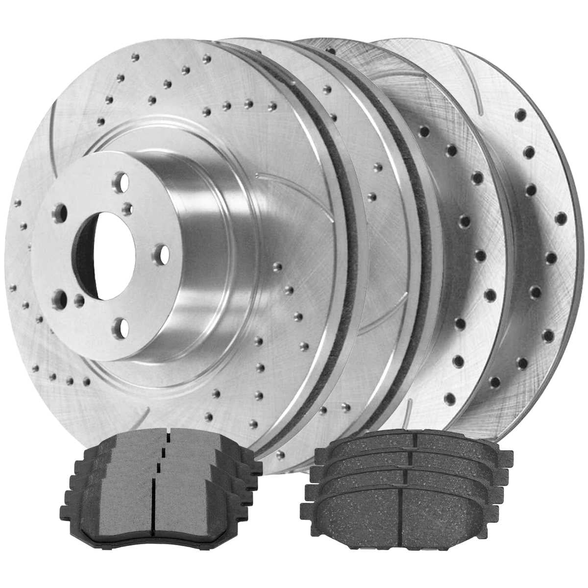 AutoShack Front and Rear Drilled Slotted Brake Rotors Silver and Ceramic Pads Kit Replacement