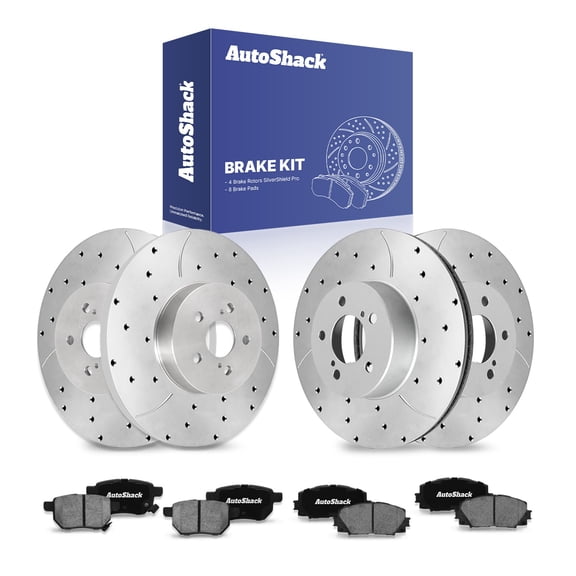 AutoShack Front & Rear Brake Rotors & Ceramic Pads for Toyota & Lexus, Prius 2010-2013 CT200h 2011-2016 Prius Plug-In 2012-2013, FWD L4 1.8L - Silver Zinc Coated Drilled & Slotted - SilverShield Pro