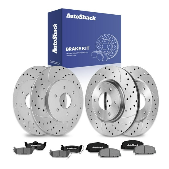 AutoShack Front & Rear Drilled & Slotted Brake Rotors Ceramic Brake Pads | Replacement for 2011-2015 Nissan TITAN 2012-2015 Nissan Armada | Silver Zinc Coated | 12-PC Brake Kit | SilverShield Pro