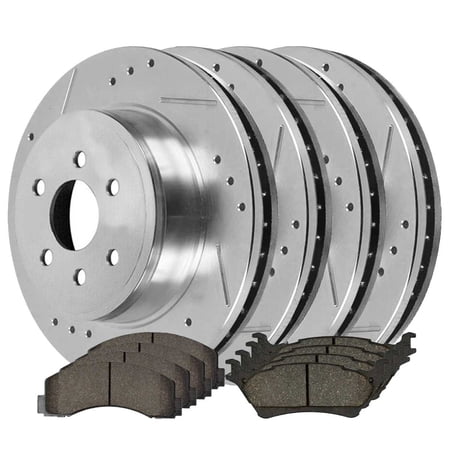 AutoShack Front and Rear Drilled Slotted Brake Rotors Silver and Ceramic Pads Kit Replacement for 2012 2013 2014 2015 2016 2017 Ford F-150 2.7L 3.5L 3.7L 5.0L 6.2L V6 V8 4WD AWD RWD BRKPKG600005