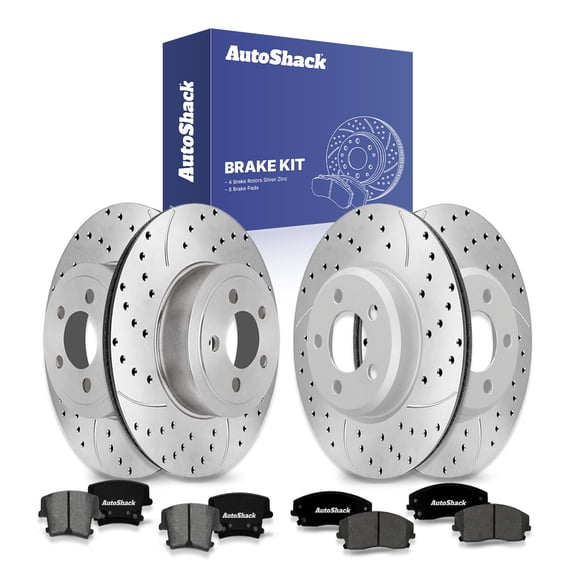 AutoShack Front & Rear Brake Rotors & Ceramic Pads for Dodge, Charger 2007-2010, 2012-2014 Challenger 2012-2014, 2018, RWD AWD V6 2.7L 3.6L - Silver Zinc Coated Drilled & Slotted - SilverShield Pro