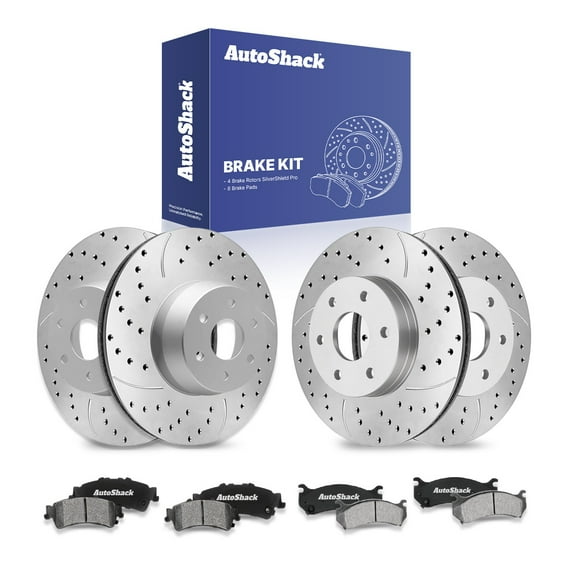 AutoShack Front Vented & Rear Vented Drilled & Slotted Silver Zinc Coated Brake Rotor + Ceramic Pad 12-PC Brake Kit Replacement for 2007 GMC Sierra 1500 Classic 2003-2005 GMC Safari SilverShield Pro