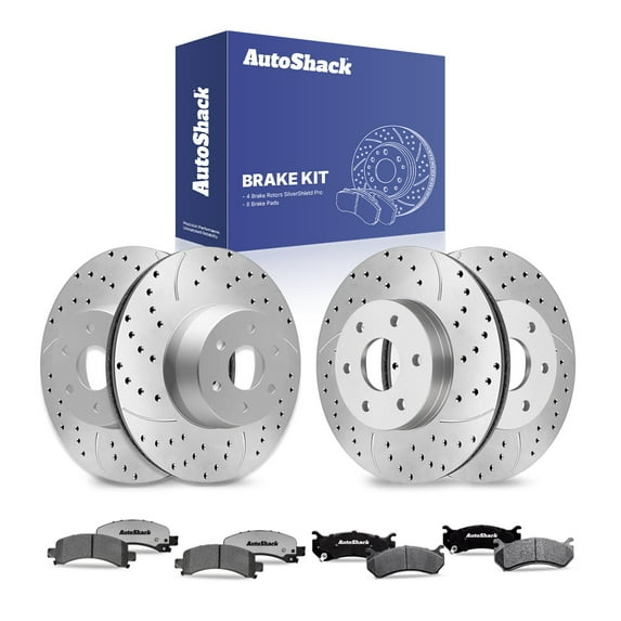 AutoShack Front Vented & Rear Vented Drilled & Slotted Silver Zinc Coated Brake Rotors + Ceramic Pads 12-PC Brake Kit Replacement for 2003-2008 Chevrolet Express 1500 SilverShield Pro