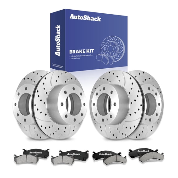 AutoShack Front & Rear Brake Rotors & Ceramic Pads for Chevrolet, Silverado 2500 HD 2001-2010, 4WD RWD V8 6.0L 6.6L 8.1L - Silver Zinc Coated Drilled & Slotted - SilverShield Pro
