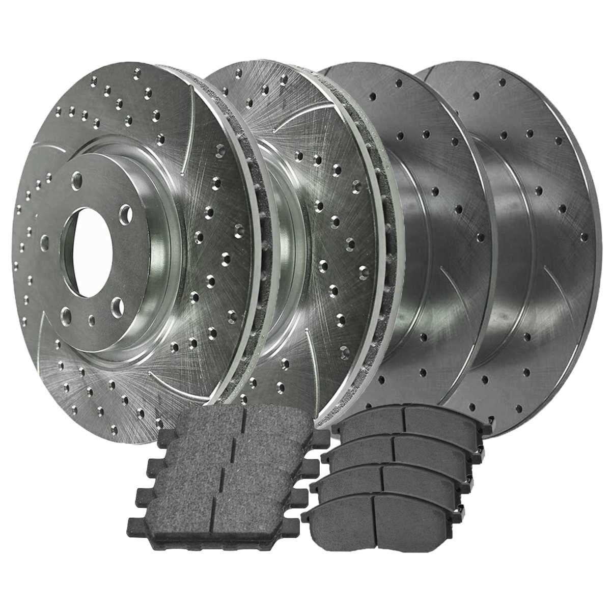 AutoShack Front and Rear Drilled Slotted Brake Rotors Silver and