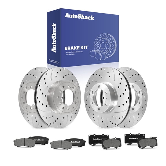 AutoShack Front & Rear Brake Rotors & Ceramic Pads for Toyota & Lexus, 4Runner 2010-2024 GX460 2010-2023, AWD 4WD RWD L4 2.7L V6 4.0L V8 4.6L - Silver Zinc Coated Drilled & Slotted - SilverShield Pro
