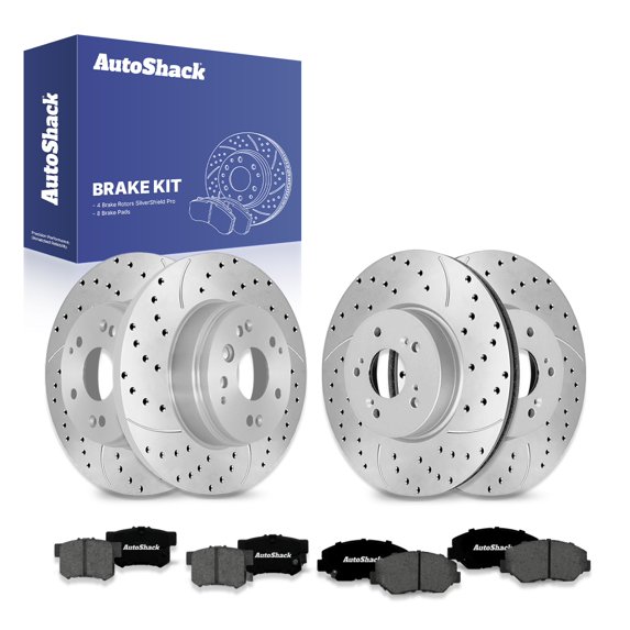 AutoShack Front & Rear Brake Rotors & Premium Pads for Honda, Element 2003-2011, 4WD FWD L4 2.4L - Silver Zinc Coated Drilled & Slotted - SilverShield Pro
