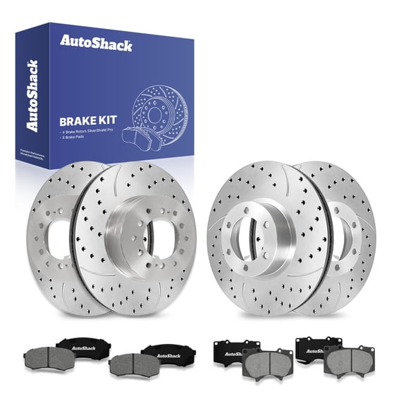 AutoShack Front & Rear Brake Rotors & Premium Pads for Toyota, 4Runner 2003-2009 FJ Cruiser 2007-2009, 4WD RWD V6 4.0L V8 4.7L - Silver Zinc Coated Drilled & Slotted - SilverShield Pro