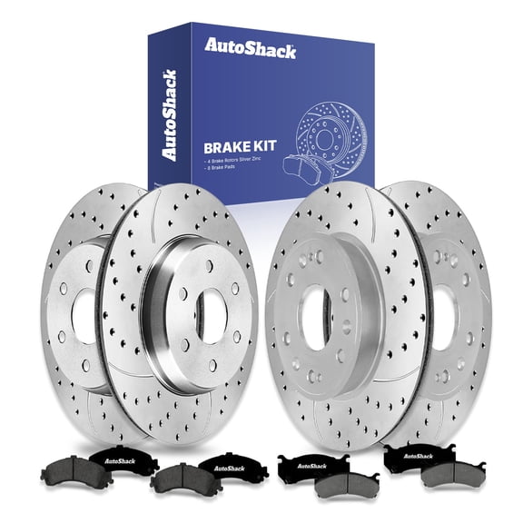 AutoShack Front & Rear Brake Rotors & Premium Pads for GMC, Sierra 1500 2005-2006, 4WD AWD RWD V8 4.8L 5.3L 6.0L - Silver Zinc Coated Drilled & Slotted - SilverShield Pro