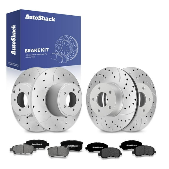 AutoShack Front Vented & Rear Solid Drilled & Slotted Silver Zinc Coated Brake Rotor + Premium Ceramic Pad 12-PC Brake Kit Replacement for 2007-2010 Dodge Caliber 2012 Dodge Caliber SilverShield Pro