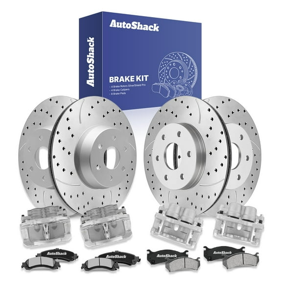 AutoShack Front Vented & Rear Vented Drilled & Slotted Silver Zinc Coated Brake Rotors + Ceramic Pads + Calipers 16-PC Brake Kit Replacement for 2000-2006 GMC Yukon SilverShield Pro