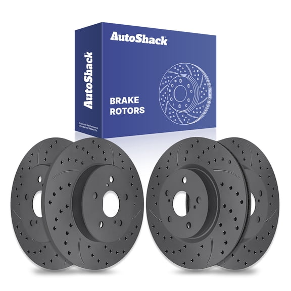 AutoShack Front & Rear Brake Rotors for Toyota, RAV4 2019-2024 Camry 2018-2024 Corolla Cross 2022-2024, AWD FWD L4 2.0L 2.5L V6 3.5L - Coated Drilled & Slotted - Black Matte Finish - BlackShield
