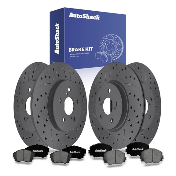 AutoShack Front & Rear Brake Rotors & Premium Pads for Toyota, RAV4 2019-2024 Camry 2018-2024 Venza 2021-2024, AWD FWD L4 2.5L V6 3.5L - Coated Drilled & Slotted - Black Matte Finish - BlackShield