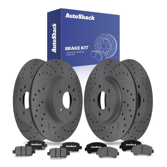 AutoShack Front & Rear Brake Rotors & Ceramic Pads for Nissan, Rogue 2008-2013 Rogue Select 2014-2015, AWD FWD L4 2.5L - Coated Drilled & Slotted - Black Matte Finish - BlackShield