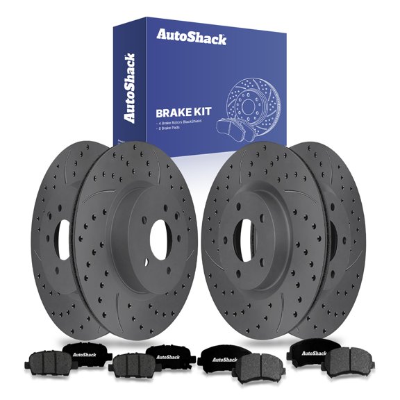 AutoShack Front & Rear Brake Rotors & Premium Pads for Nissan, Rogue 2008-2013 Rogue Select 2014-2015, AWD FWD L4 2.5L - Coated Drilled & Slotted - Black Matte Finish - BlackShield