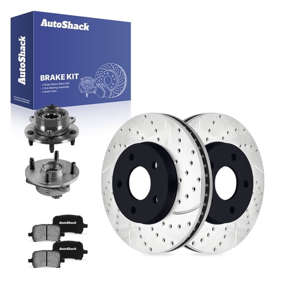 AutoShack Front Brake Rotors, Ceramic Pads & Hub Bearing Assemblies for Chevrolet, HHR 2006-2011, FWD L4 2.2L 2.4L - E-Coated Drilled & Slotted - ShadowGuard - 10.85" (275.7 mm), 5-Lug