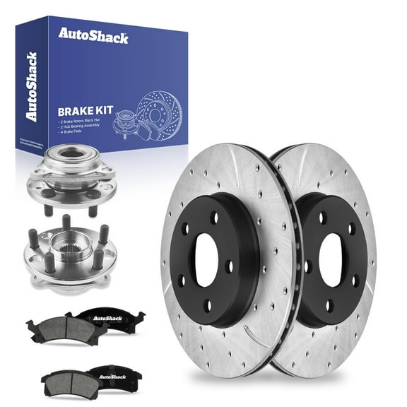 AutoShack Front Drilled & Slotted Brake Rotors Ceramic Brake Pads Wheel Bearing Hub Assembly | Replacement for Pontiac Sunfire Chevrolet Cavalier V6 FWD | E-Coated | 8-PC Brake Kit | ShadowGuard