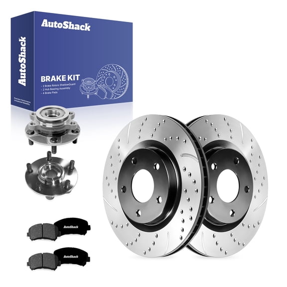 AutoShack Front Brake Rotors, Premium Pads & Hub Bearing Assemblies for Nissan, Rogue 2008-2013, AWD FWD L4 2.5L - E-Coated Drilled & Slotted - ShadowGuard - 11.65" (295.8 mm), 5-Lug