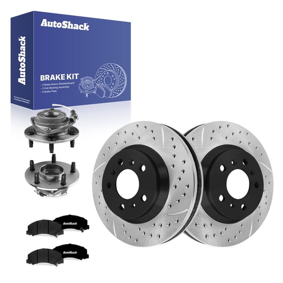 AutoShack Front Vented Drilled & Slotted E-Coated Brake Rotors + Premium Ceramic Pads + Hub Bearing Assembly 8-PC Brake Kit Replacement for 2012-2013 Chevrolet Impala ShadowGuard 12.72" (323 mm)