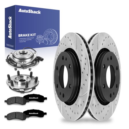AutoShack Front Drilled & Slotted Brake Rotors Premium Ceramic Brake Pads Wheel Bearing Hub Assembly | Replacement for GMC Envoy Saab 9-7x Buick Rainier | E-Coated | 8-PC Brake Kit | ShadowGuard