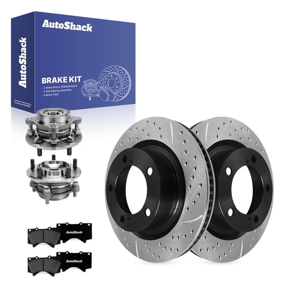AutoShack Front Brake Rotors, Premium Pads & Hub Bearing Assemblies for Toyota Tundra 2021 - E-Coated Drilled & Slotted - ShadowGuard - 13.94" (354 mm), 5-Lug