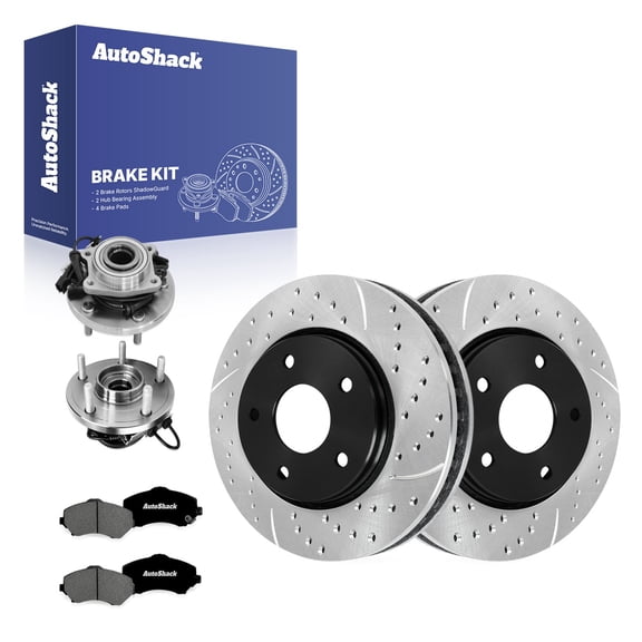 AutoShack Front Brake Rotors, Premium Pads & Hub Bearing Assemblies for Chrysler, Town & Country 2010-2011 - E-Coated Drilled & Slotted - ShadowGuard - 11.89" (302 mm), 5-Lug