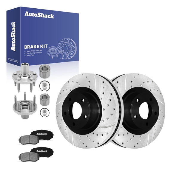 AutoShack Front Vented Drilled & Slotted E-Coated Brake Rotor + Ceramic Pad + Hub Bearing Assembly 8-PC Brake Kit Replacement for 2007-2010 Ford Edge 2007-2010 Lincoln MKX ShadowGuard 12.6" (320 mm)