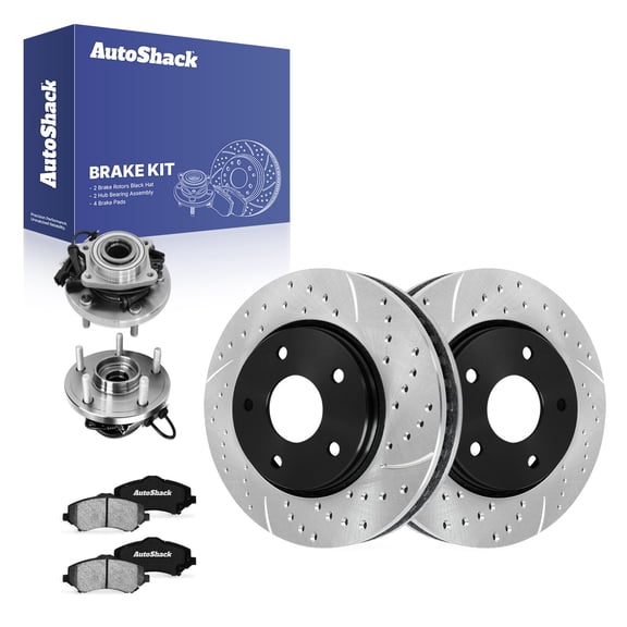 AutoShack Front Brake Rotors, Ceramic Pads & Hub Bearing Assemblies for Chrysler Town & Country 2011 - E-Coated Drilled & Slotted - ShadowGuard - 11.89" (302 mm), 5-Lug