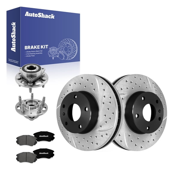 AutoShack Front Brake Rotors, Ceramic Pads & Hub Bearing Assemblies for Chevrolet, Equinox 2010-2017, AWD FWD L4 2.4L V6 3.0L 3.6L - E-Coated Drilled & Slotted - ShadowGuard - 12.64" (321 mm), 5-Lug
