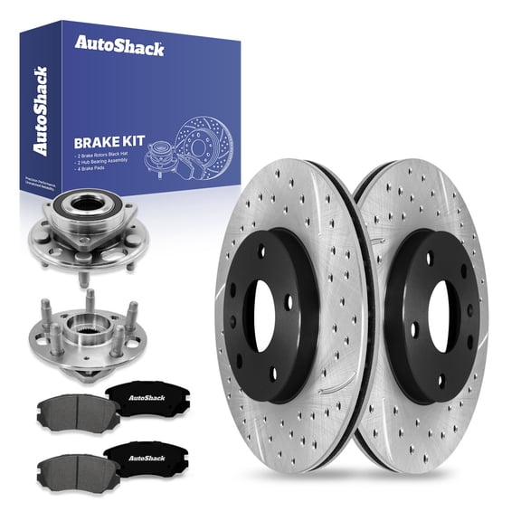 AutoShack Front Drilled & Slotted Brake Rotors Ceramic Brake Pads Wheel Bearing Hub Assembly | Replacement for Chevrolet Equinox Malibu GMC Terrain FWD | E-Coated | 8-PC Brake Kit | ShadowGuard