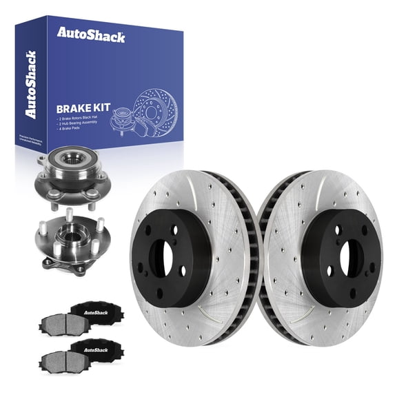 AutoShack Front Brake Rotors, Ceramic Pads & Hub Bearing Assemblies for Toyota, Prius 2010-2015, FWD L4 1.8L - E-Coated Drilled & Slotted - ShadowGuard - 10.04" (255 mm), 5-Lug