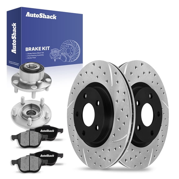 AutoShack Front Drilled & Slotted Brake Rotors Ceramic Brake Pads Wheel Bearing Hub Assembly | Replacement for Volvo C30 V50 2005-2008 S40 2006-2012 C70 | E-Coated | 8-PC Brake Kit | ShadowGuard