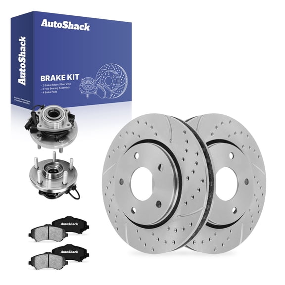 AutoShack Front Brake Rotors, Ceramic Pads & Hub Bearing Assemblies for Dodge Grand Caravan 2011 - Silver Zinc Coated Drilled & Slotted - SilverShield Pro - 11.89" (302 mm), 5-Lug