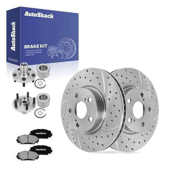 AutoShack Front Brake Rotors, Ceramic Pads & Hub Bearing Assemblies for Toyota, Corolla 2009-2018, FWD L4 1.8L 2.4L - Silver Zinc Coated Drilled & Slotted - SilverShield Pro - 10.83" (275 mm), 5-Lug
