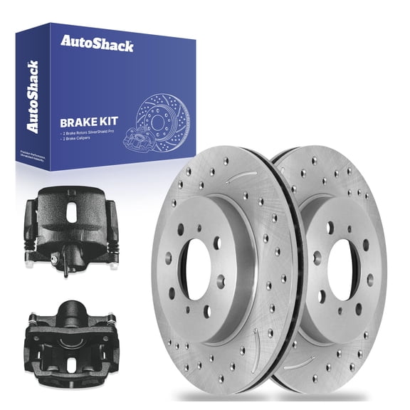 AutoShack 10.31" (262 mm) Front Vented Drilled & Slotted Brake Rotors Coated + Calipers Black | Replacement for 2010-2014 Honda Insight | Silver Zinc Coated | 4-PC Brake Kit | SilverShield Pro