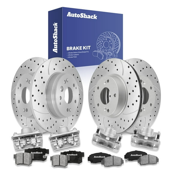 AutoShack Front & Rear Brake Rotors, Ceramic Pads & Calipers for Acura, TL 2004-2008, FWD V6 3.2L - Silver Zinc Coated Drilled & Slotted - SilverShield Pro