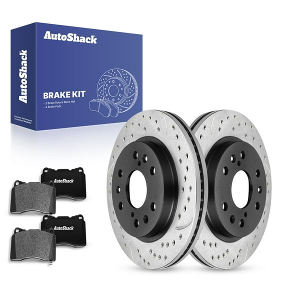 AutoShack 12.98" (329.7 mm) Front Vented Drilled & Slotted Brake Rotors E-Coated + Ceramic Brake Pads | Replacement for 2013-2019 Cadillac XTS | 6-PC Brake Kit | ShadowGuard
